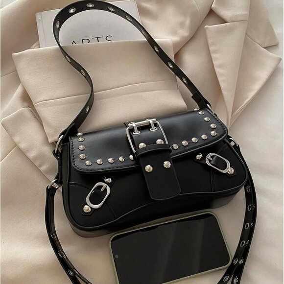 Women’s Faux Leather Rivet Studded Buckle Punk Underarm Clutch Bag - Picture 4 of 6